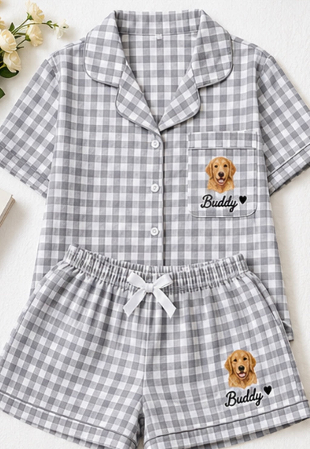 Any Pet college gingham Pajama Short Set, Pajamas, upload your pet Lounge Set, PJ Shorts Set pant , Dorm Gift