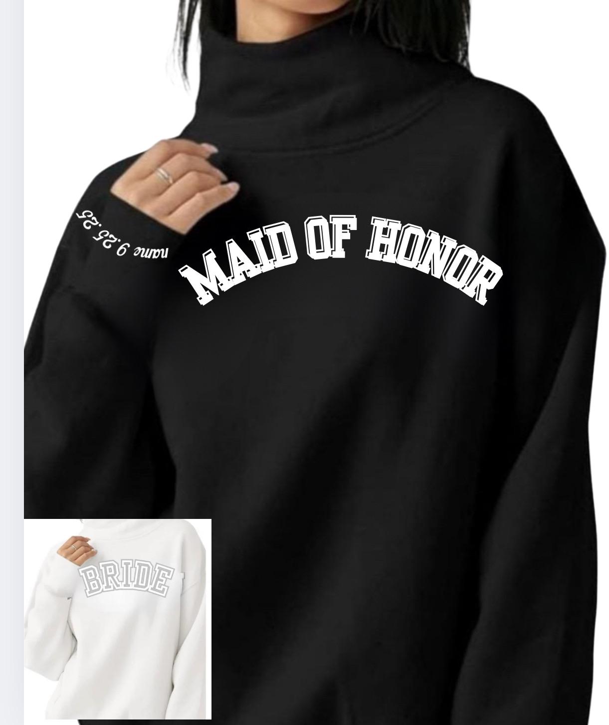 BRIDE white on white oversized block letters w/ date & last name on cuff on a mock neck soft oversized sweatshirt. Custom Date on cuff PARK inspired