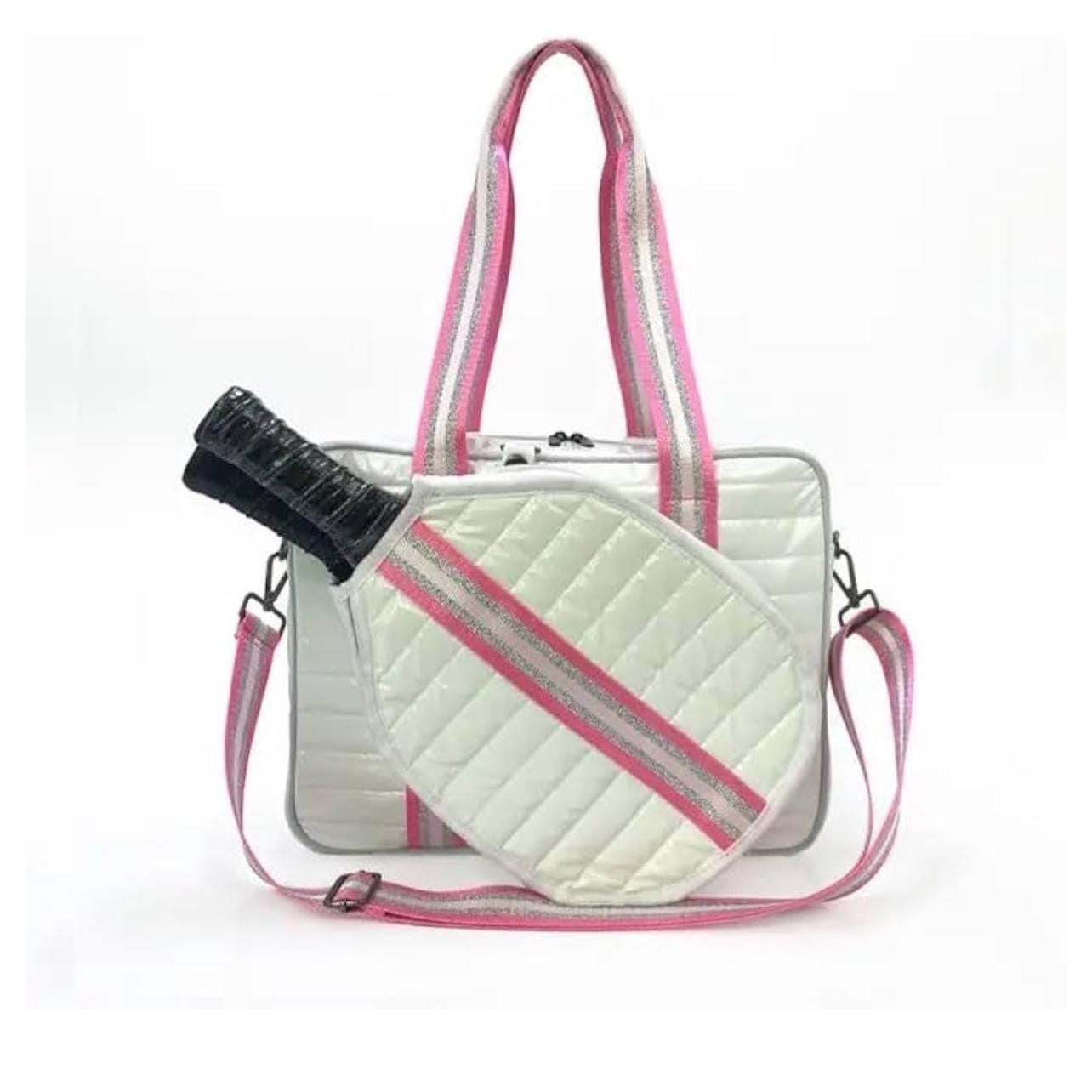 QUILTED PICKLEBALL BAG FAUX PATENT LEATHER TOTE SLING BAG