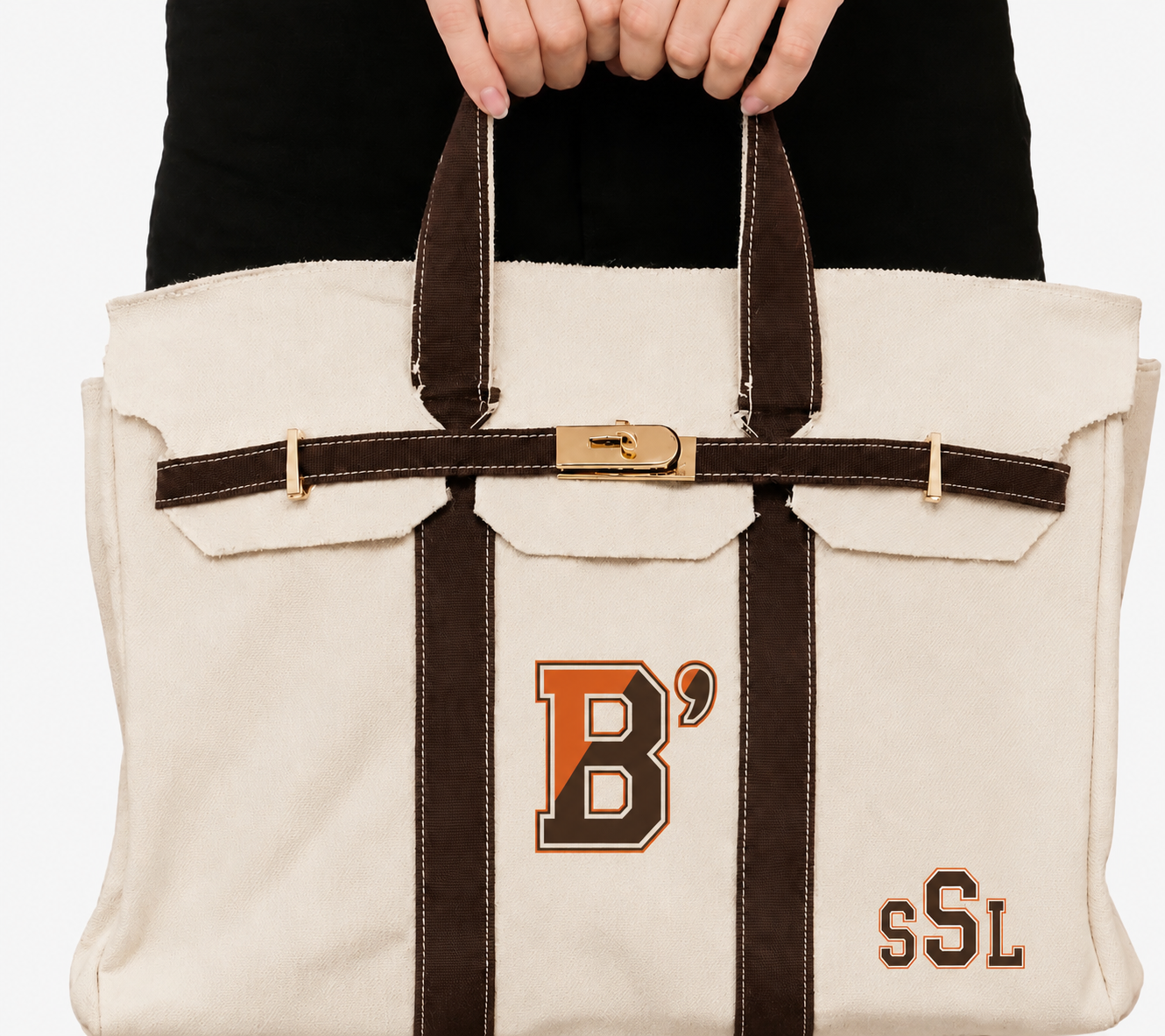 Canvas embroidered tote with gold, buckle, hardware, and raw edge trim Show it off College Mom weekend, Move in, Graduation