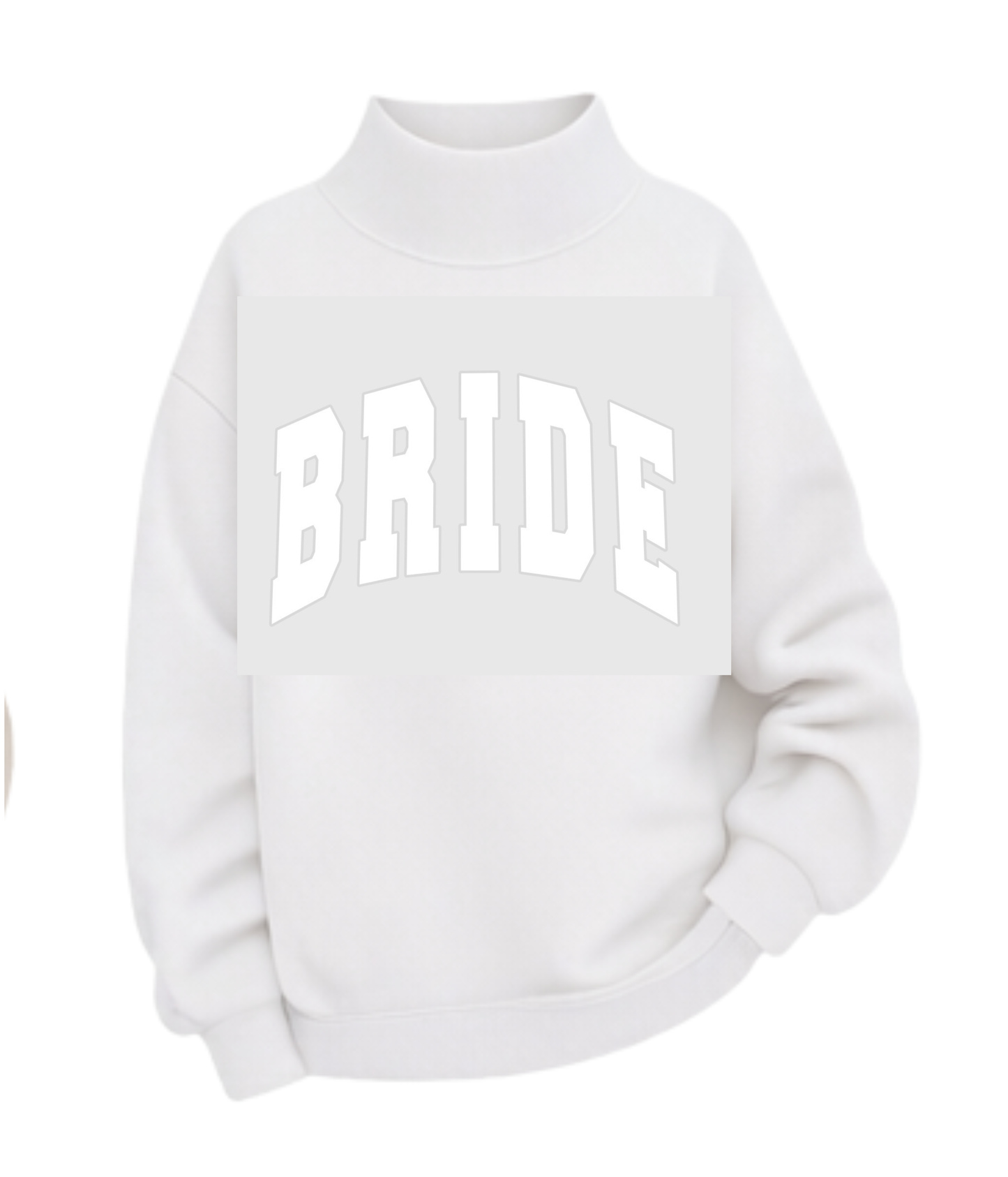 BRIDE white on white oversized block letters w/ date & last name on cuff on a mock neck soft oversized sweatshirt. Custom Date on cuff  PARK inspired