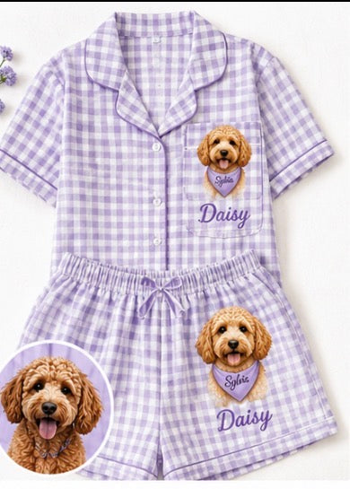 Any Pet college gingham Pajama Short Set, Pajamas, upload your pet Lounge Set,  PJ Shorts Set pant , Dorm Gift
