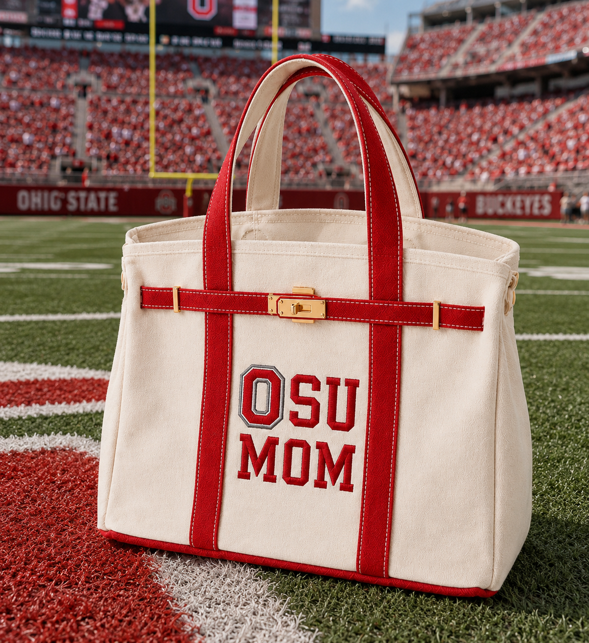 Canvas embroidered tote with gold, buckle, hardware, and raw edge trim Show it off College Mom weekend, Move in, Graduation