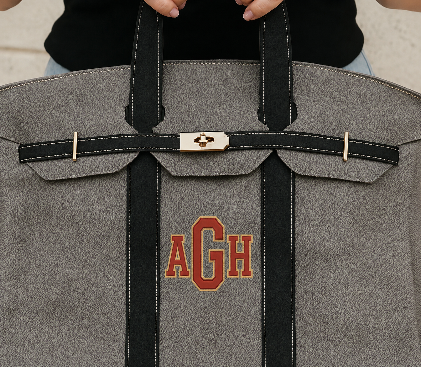 Canvas embroidered tote with gold, buckle, hardware, and raw edge trim Show it off College Mom weekend, Move in, Graduation