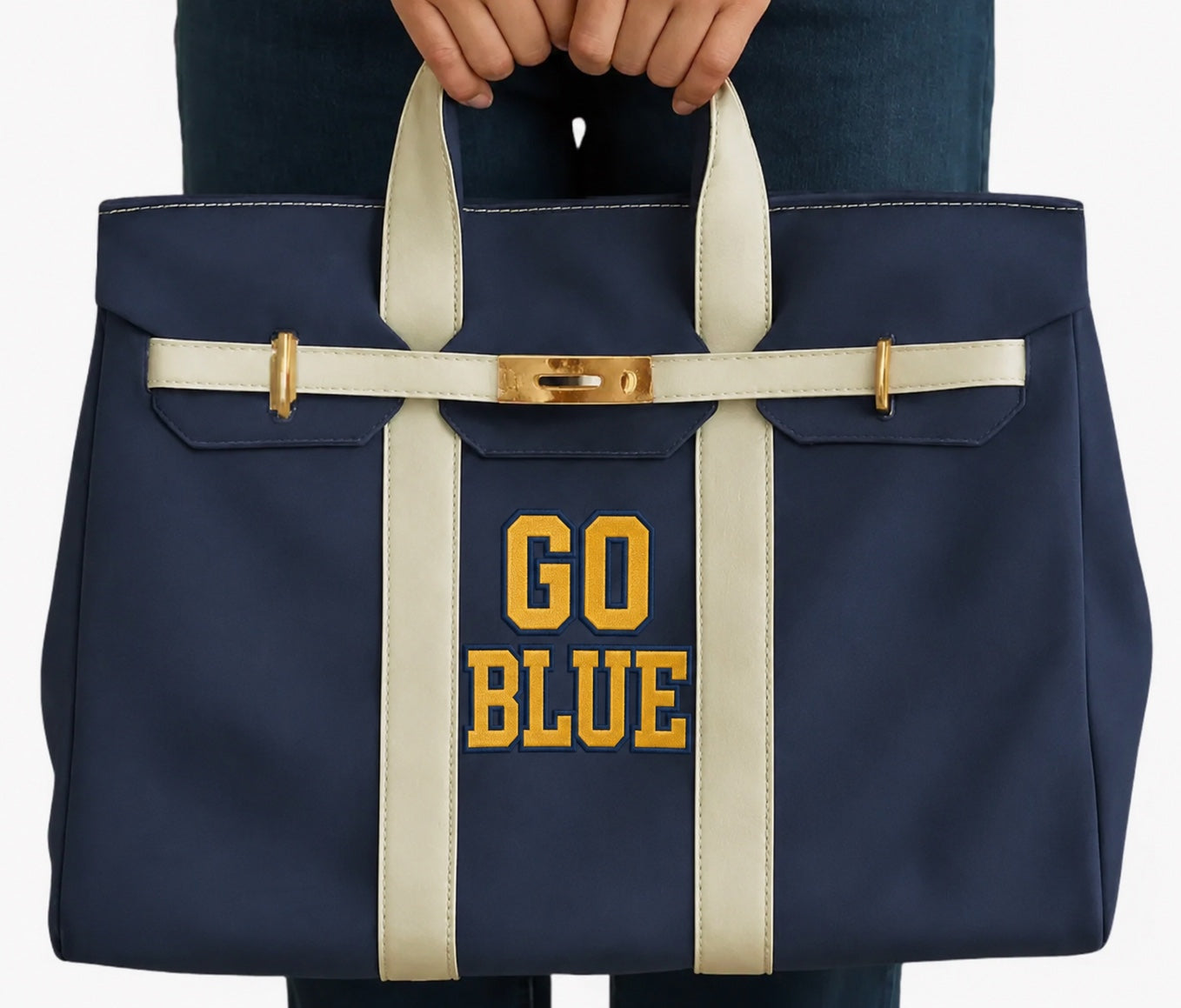 Canvas embroidered tote with gold, buckle, hardware, and raw edge trim Show it off College Mom weekend, Move in, Graduation