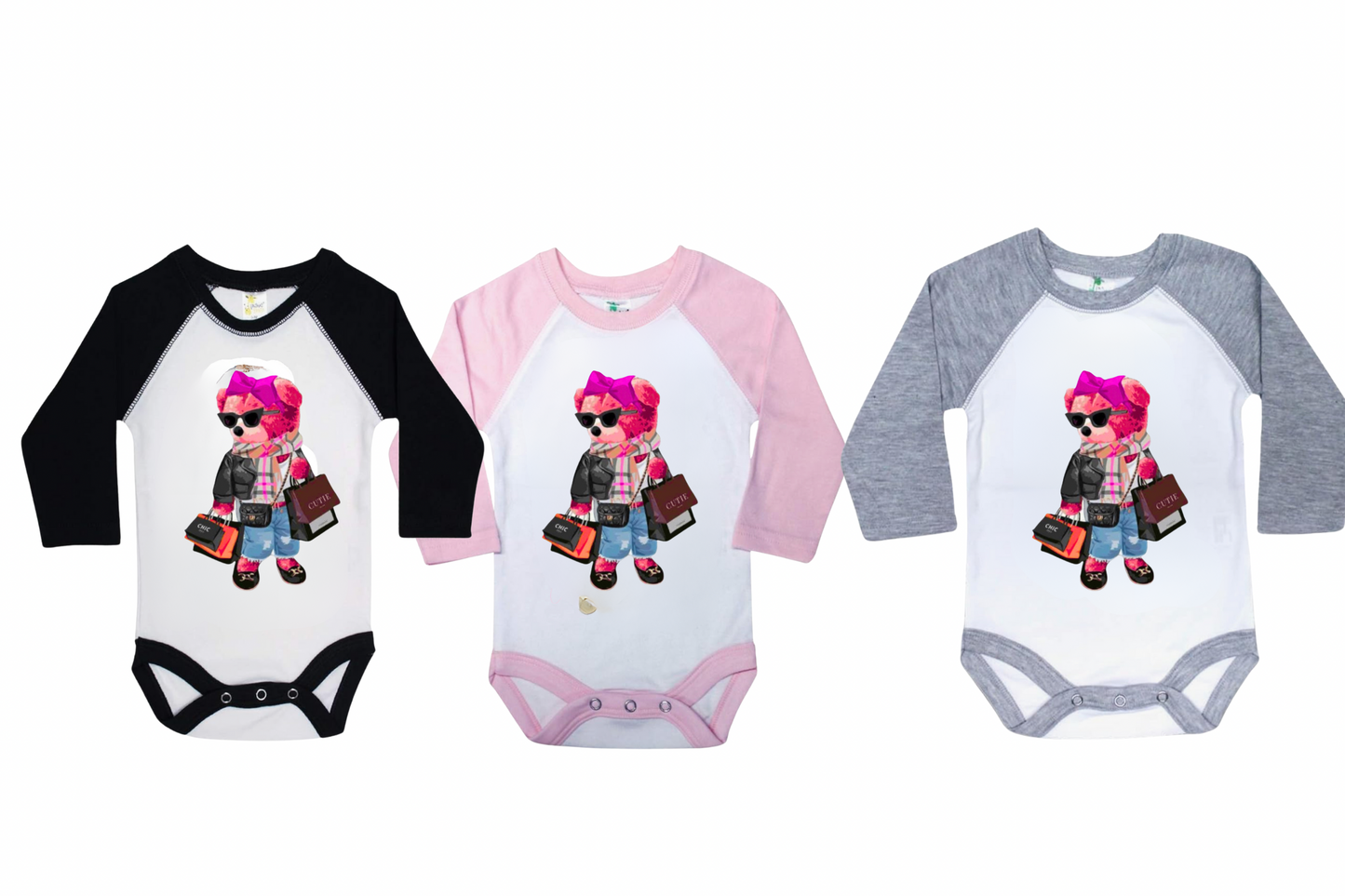 FASHION BEAR PERSONALIZED RAGLAN ONESIE