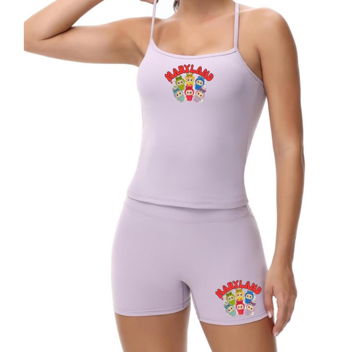 COLLEGE SET SPAGHETTI TANK OR SHORT SLEEVE WITH SLIM LOW WAIST FOLD SHORTS
