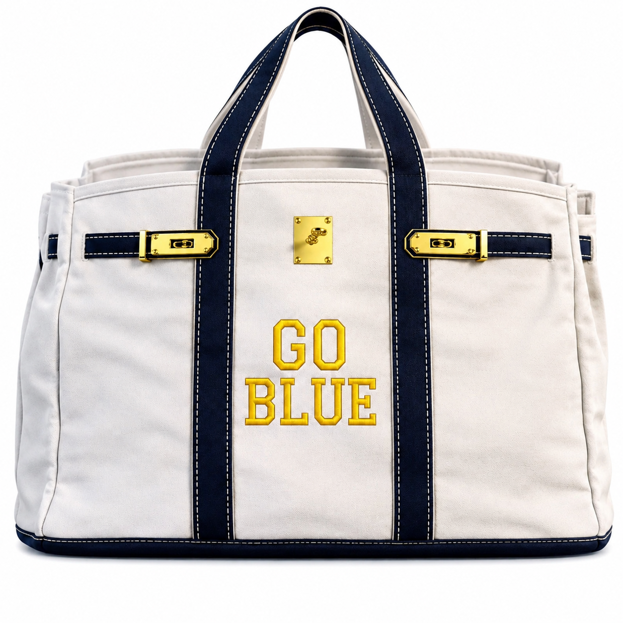 Canvas embroidered tote with gold, buckle, hardware, and raw edge trim Show it off College Mom weekend, Move in, Graduation