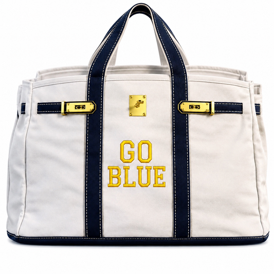 Canvas embroidered tote with gold, buckle, hardware, and raw edge trim Show it off College Mom weekend, Move in, Graduation