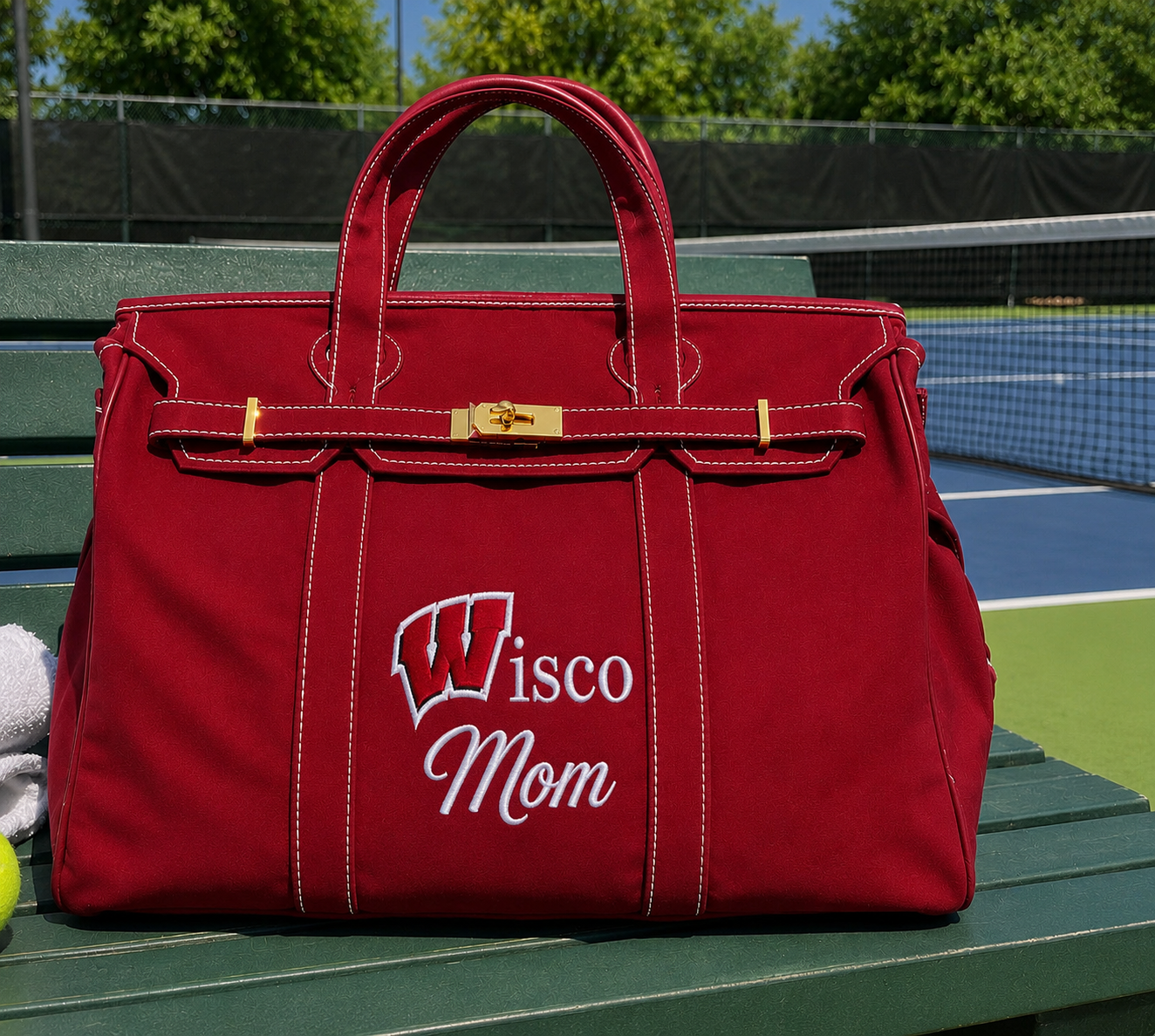 Canvas embroidered tote with gold, buckle, hardware, and raw edge trim Show it off College Mom weekend, Move in, Graduation