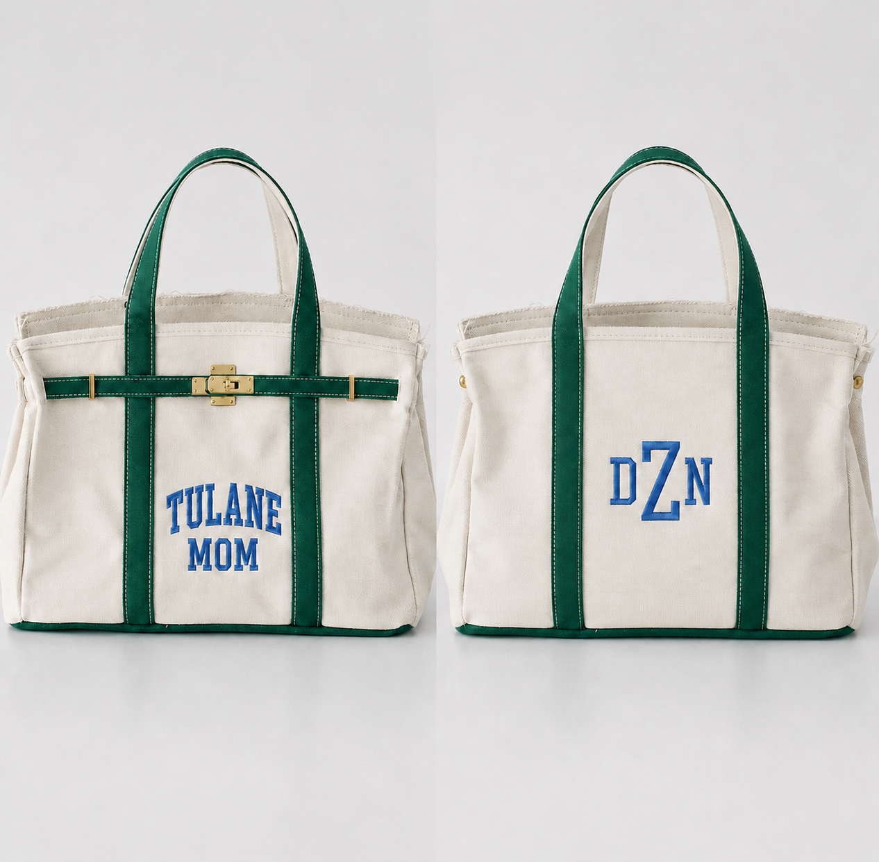 Canvas embroidered tote with gold, buckle, hardware, and raw edge trim Show it off College Mom weekend, Move in, Graduation