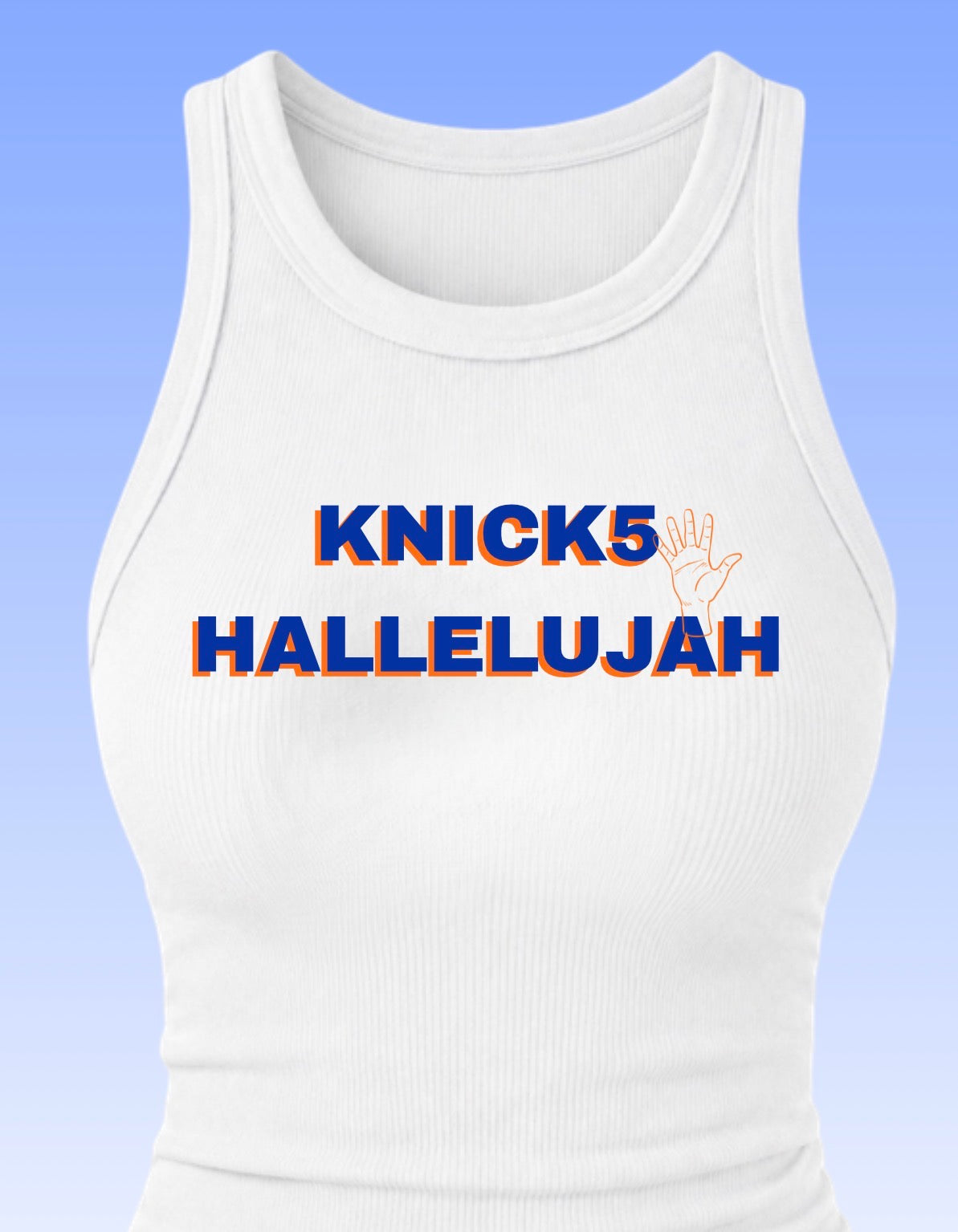 White tank top with 'Knick5 Hallelujah' text on a blue background