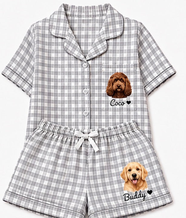 Any Pet college gingham Pajama Short Set, Pajamas, upload your pet Lounge Set,  PJ Shorts Set pant , Dorm Gift