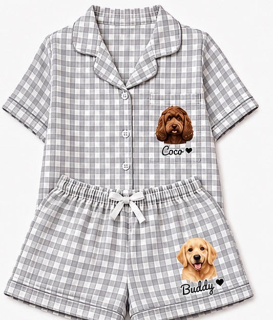 Any Pet college gingham Pajama Short Set, Pajamas, upload your pet Lounge Set,  PJ Shorts Set pant , Dorm Gift