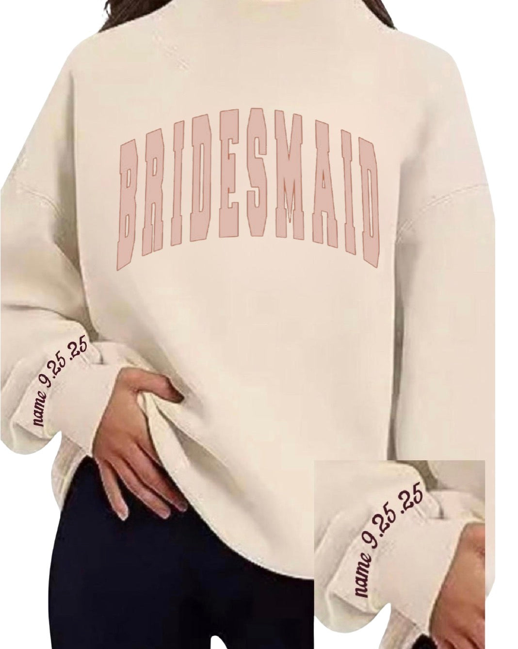 BRIDE white on white oversized block letters w/ date & last name on cuff on a mock neck soft oversized sweatshirt. Custom Date on cuff  PARK inspired