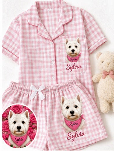 Any Pet college gingham Pajama Short Set, Pajamas, upload your pet Lounge Set,  PJ Shorts Set pant , Dorm Gift