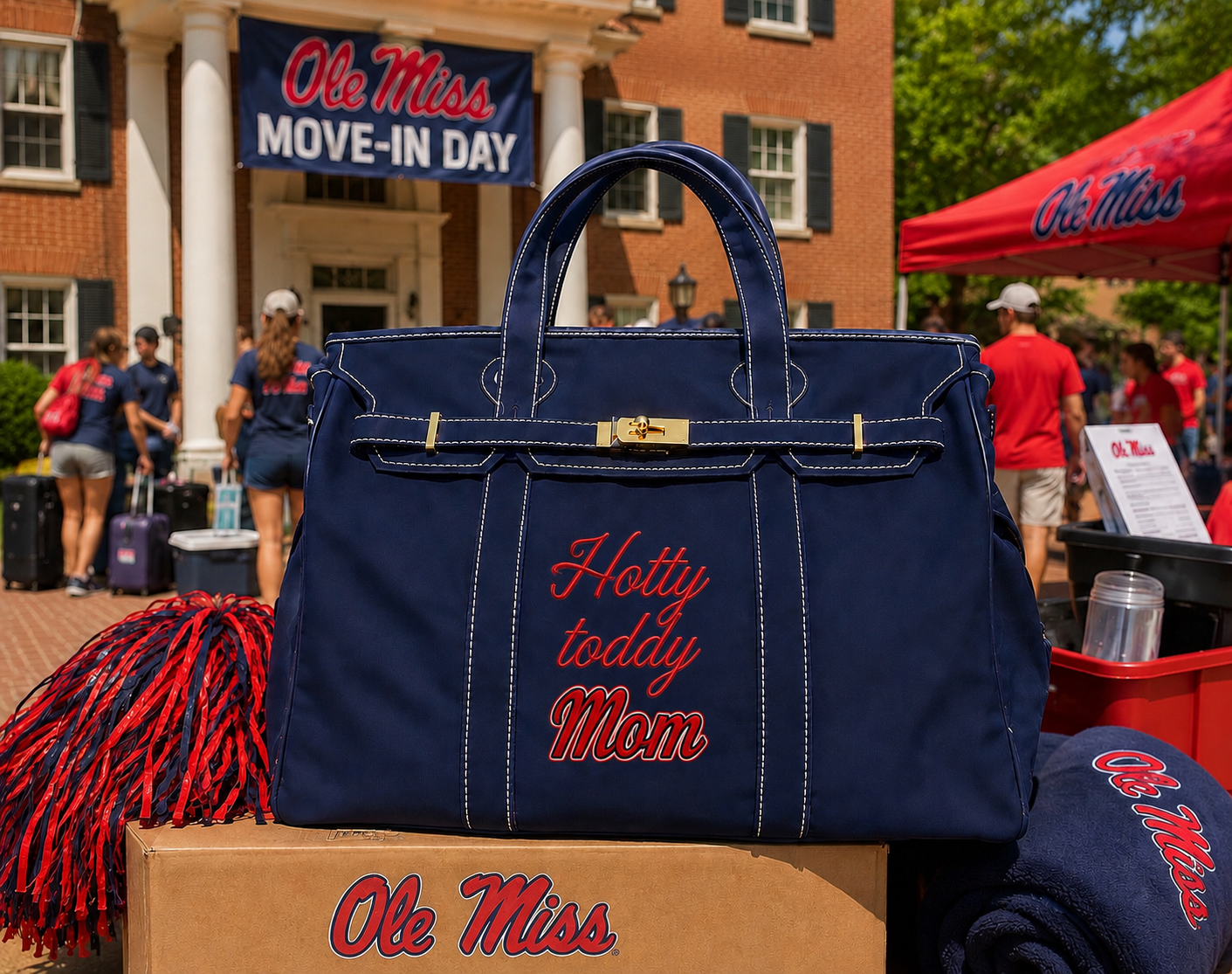 Canvas embroidered tote with gold, buckle, hardware, and raw edge trim Show it off College Mom weekend, Move in, Graduation