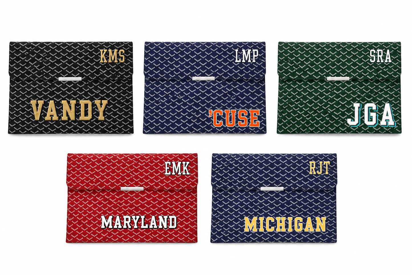 Collection of personalized laptop covers with magnetic close  with any  names and colors on a white background.