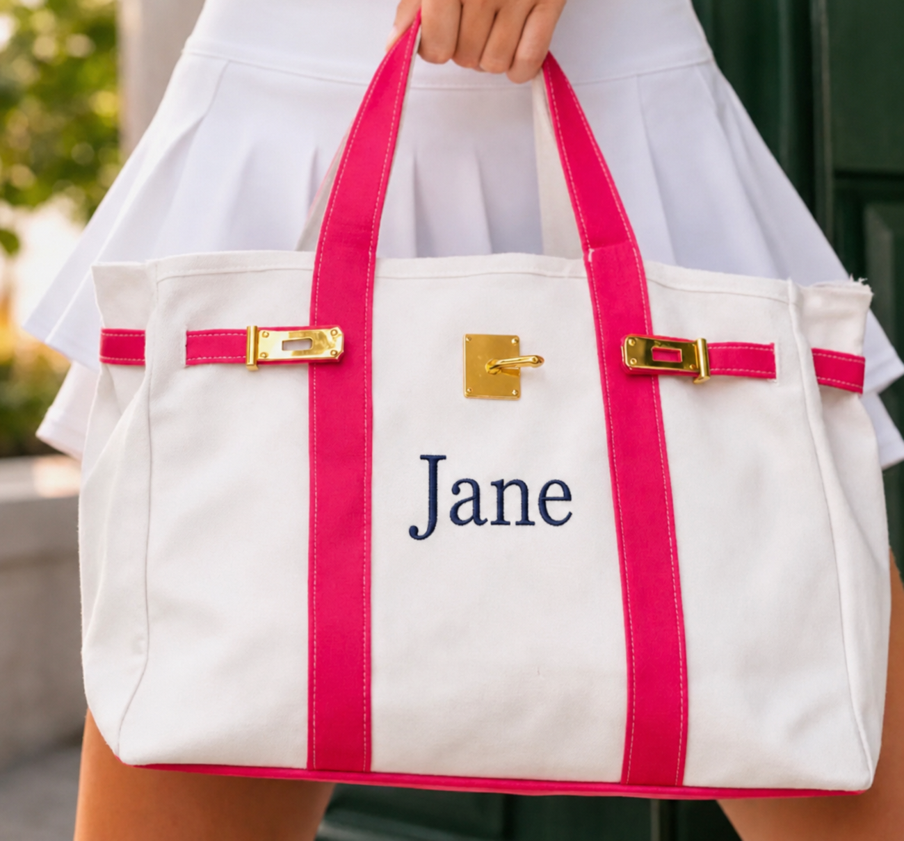 Canvas embroidered tote with gold, buckle, hardware, and raw edge trim Show it off College Mom weekend, Move in, Graduation