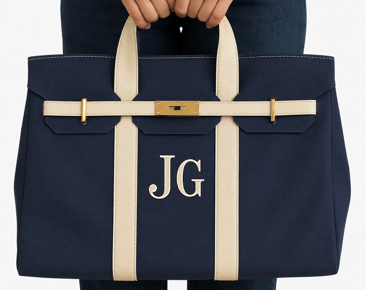 Canvas embroidered tote with gold, buckle, hardware, and raw edge trim Show it off College Mom weekend, Move in, Graduation