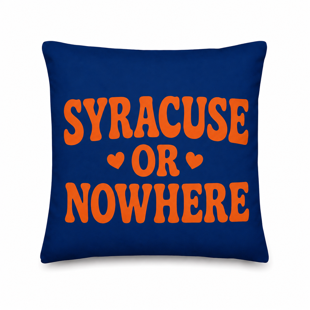 Blue pillow with orange text 'SYRACUSE OR NOWHERE' on a white background