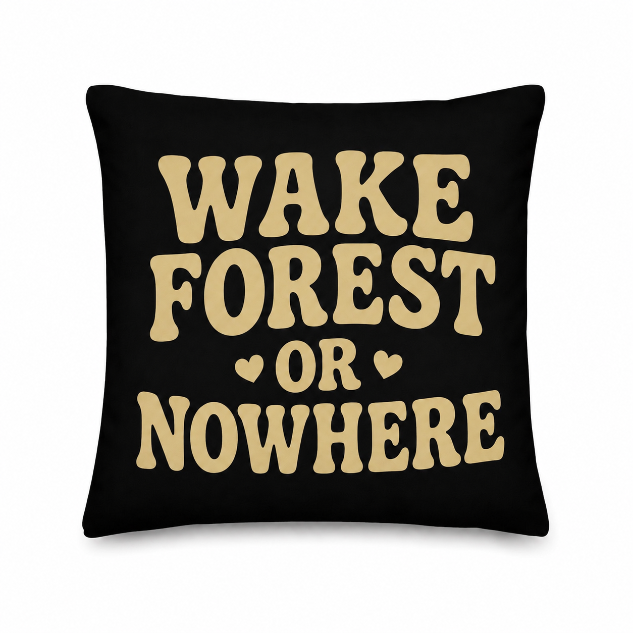 Black pillow with beige text 'Wake Forest or Nowhere' on a white background
