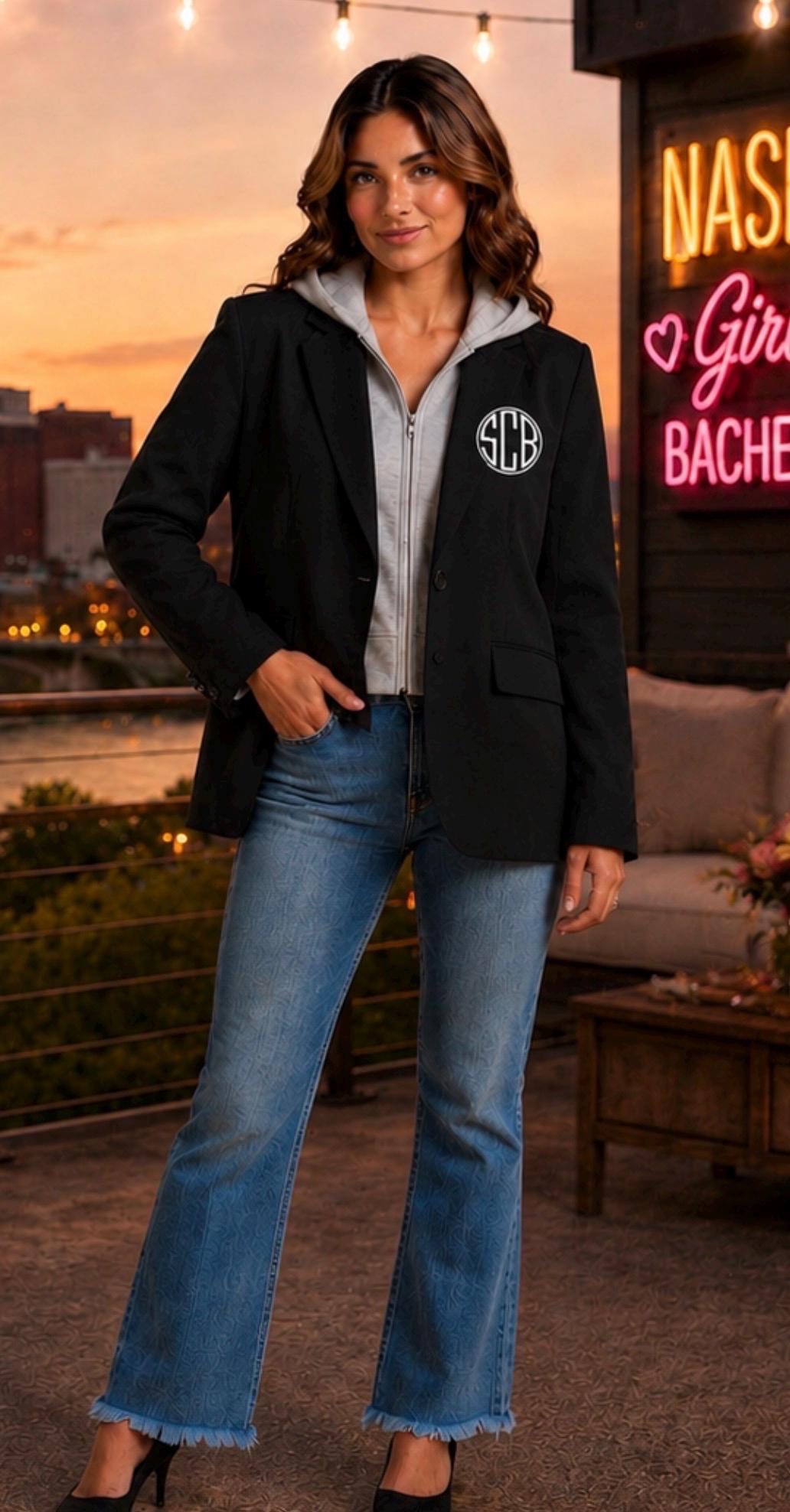 Bride & Bridal Party Blazer Jacket w/ hood option Wedding Weekend | Custom Monogram, back has date on hood,glitter