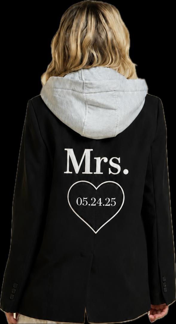 Bride & Bridal Party Blazer Jacket w/ hood option Wedding Weekend | Custom Monogram, back has date on hood,glitter
