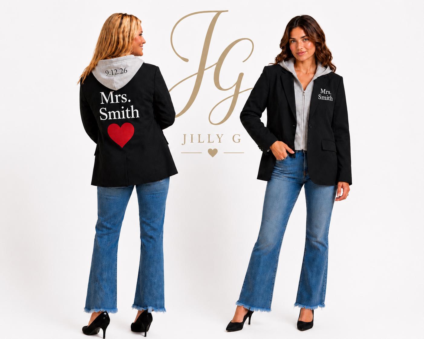 Bride & Bridal Party Blazer Jacket w/ hood option Wedding Weekend | Custom Monogram, back has date on hood,glitter