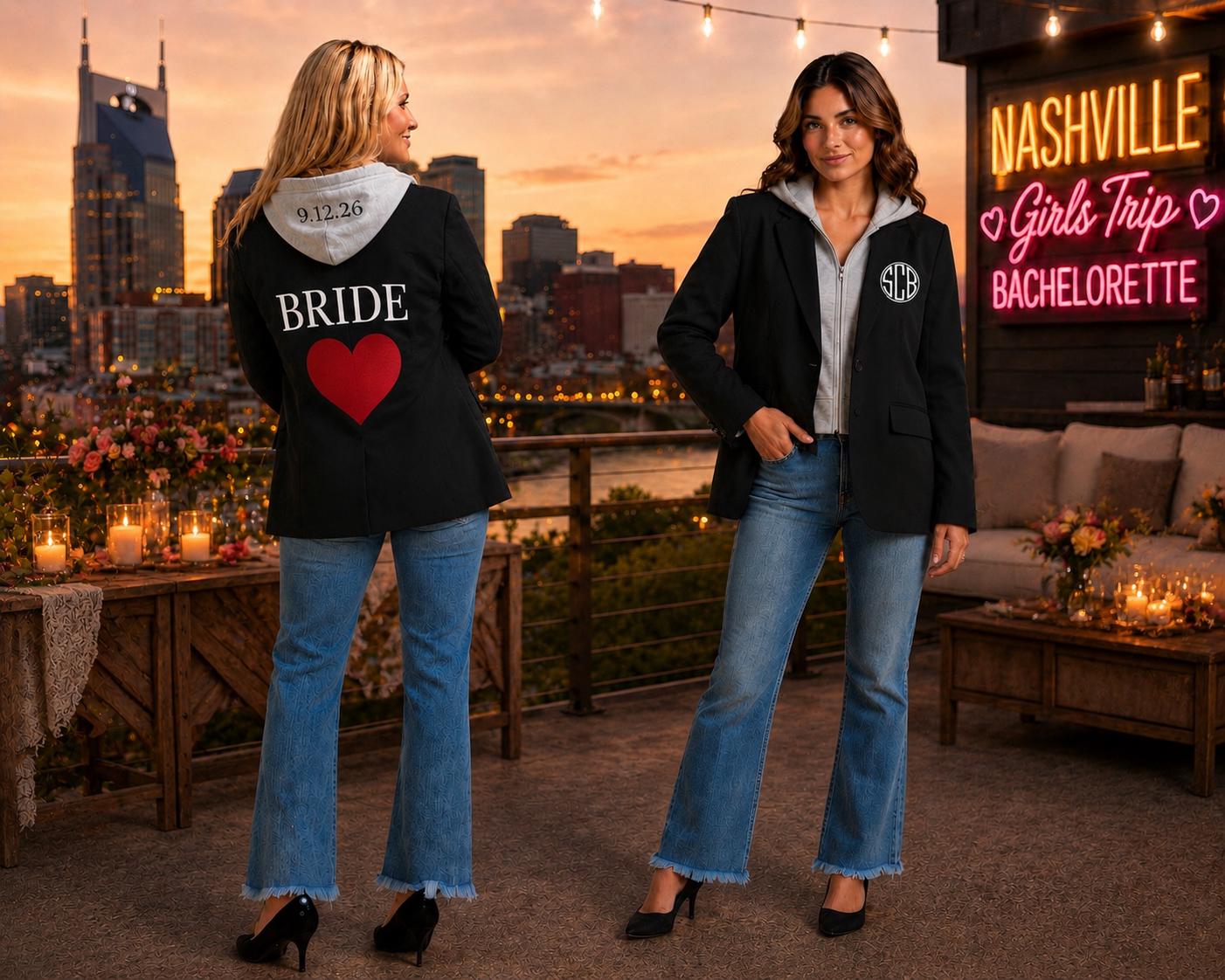 Bride & Bridal Party Blazer Jacket w/ hood option Wedding Weekend | Custom Monogram, back has date on hood,glitter