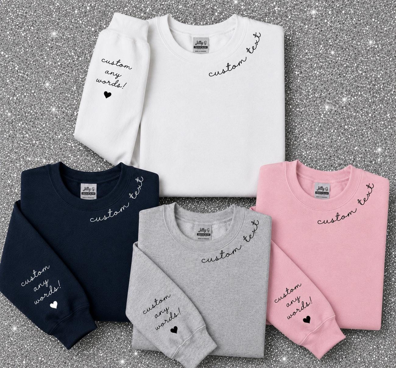 Custom Text on the Neck and Names on Sleeve Sweatshirt, Personalized Names Custom Crewneck Sweatshirt, NOT EMBROIDERY