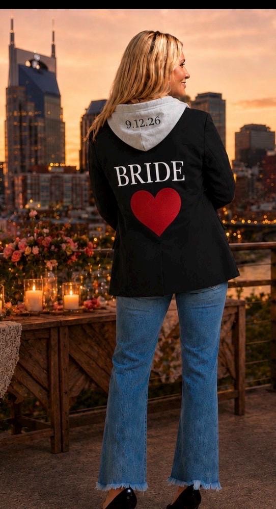 Bride & Bridal Party Blazer Jacket w/ hood option Wedding Weekend | Custom Monogram, back has date on hood,glitter