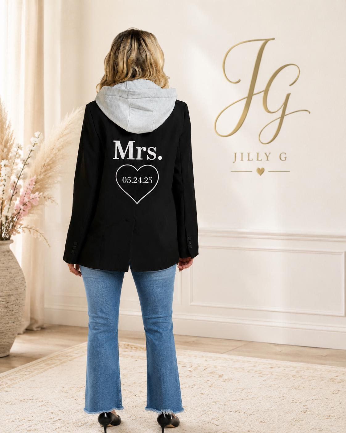Bride & Bridal Party Blazer Jacket w/ hood option Wedding Weekend | Custom Monogram, back has date on hood,glitter