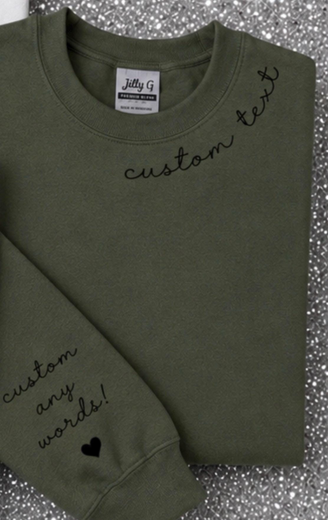 Custom Text on the Neck and Names on Sleeve Sweatshirt, Personalized Names Custom Crewneck Sweatshirt, NOT EMBROIDERY