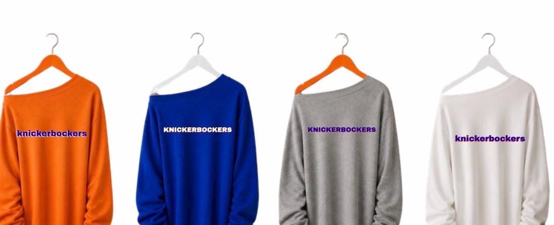Knickerbockers or Knicks in 5 off shoulder Sweatshirt..add yarn pattern around neck
