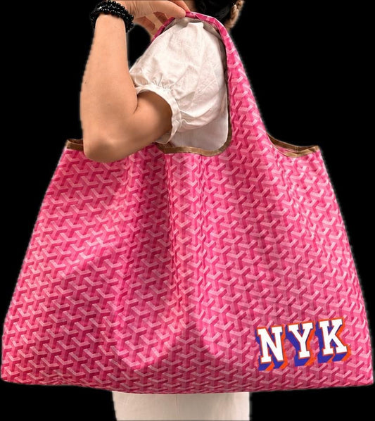 Large reusable geometric print fashion inspired  nylon tote, stylish, customize your way, great for travel (add initials or college)