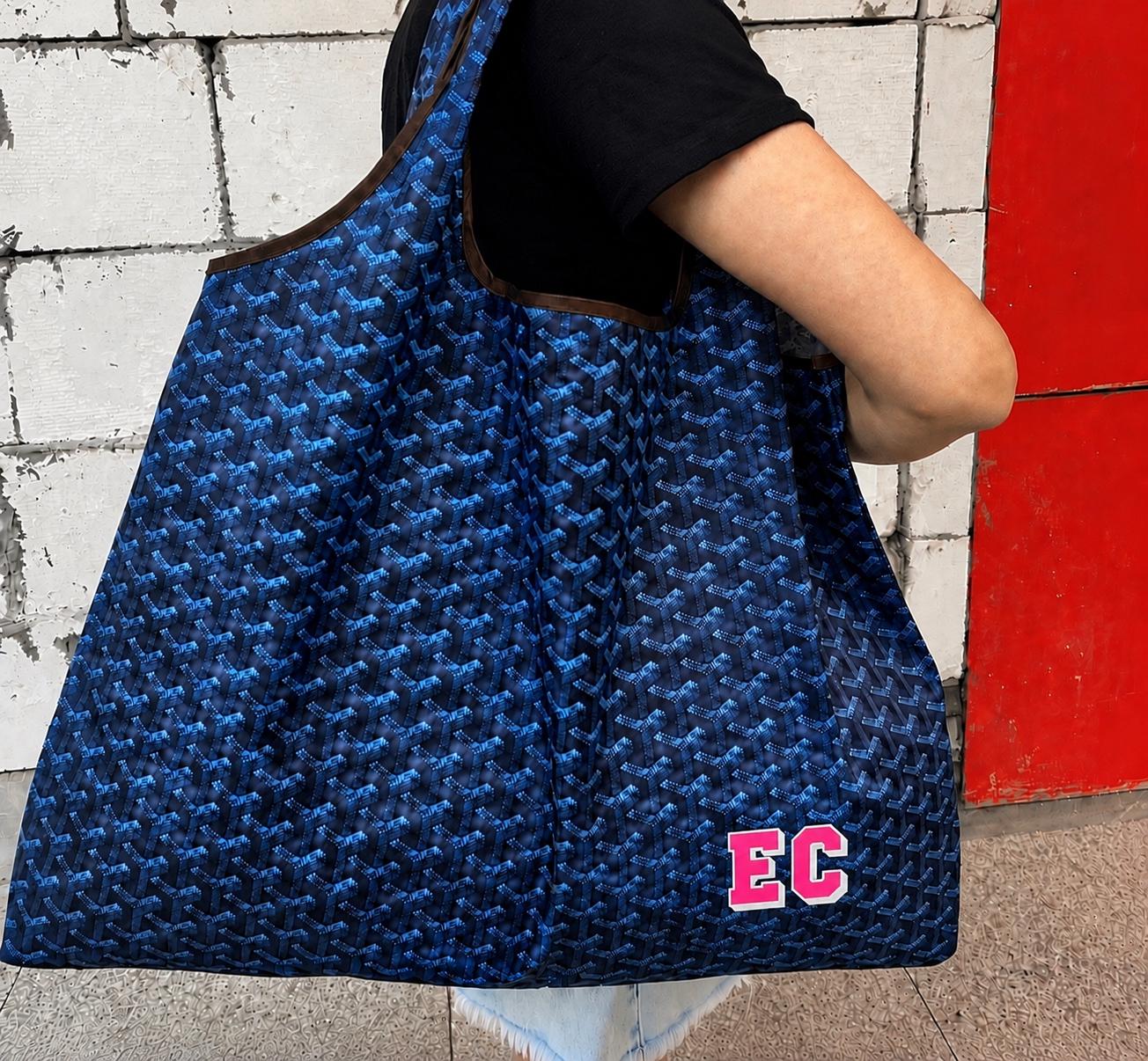 Large reusable geometric print fashion inspired  nylon tote, stylish, customize your way, great for travel (add initials or college)