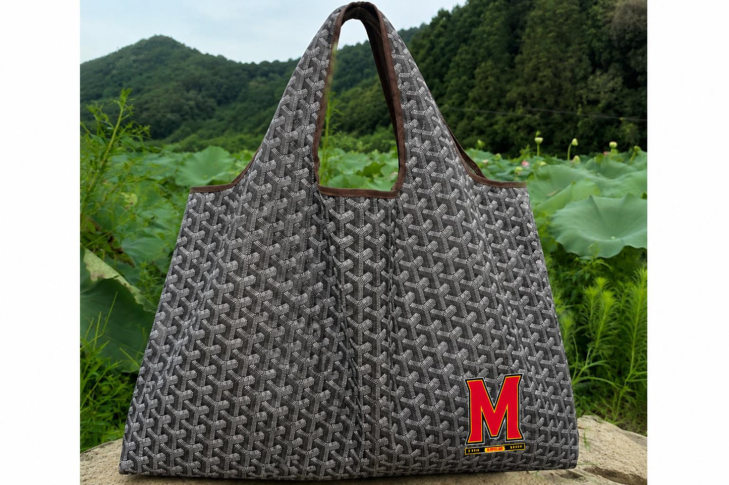 Large reusable geometric print fashion inspired  nylon tote, stylish, customize your way, great for travel (add initials or college)